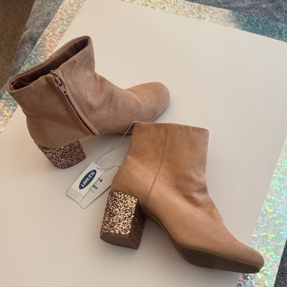 Old Navy Beige Suede Boots with Glitter Block Heel